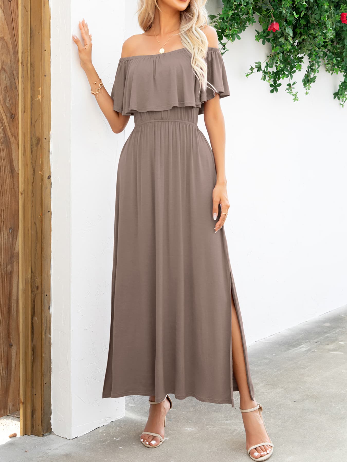 Off-Shoulder Slit Maxi Dress - Fashorio