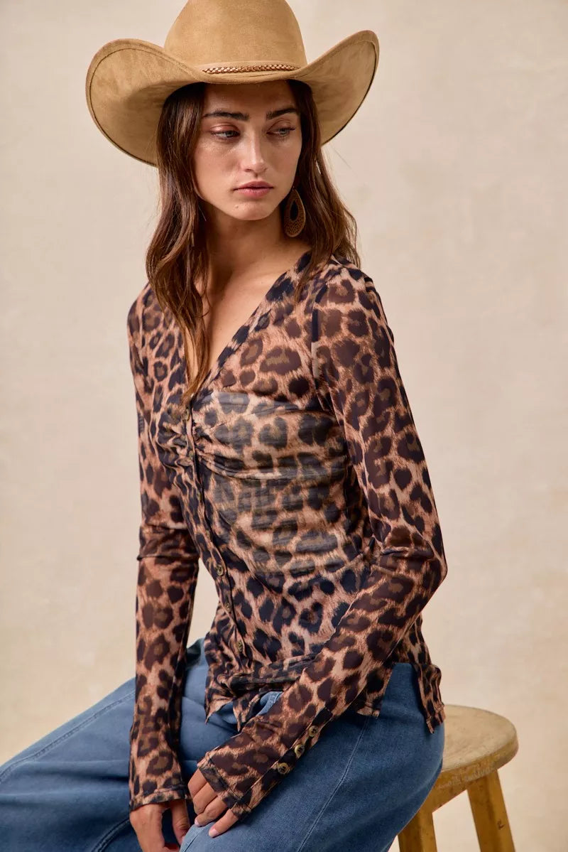 Sheer mesh leopard top styled with jeans
