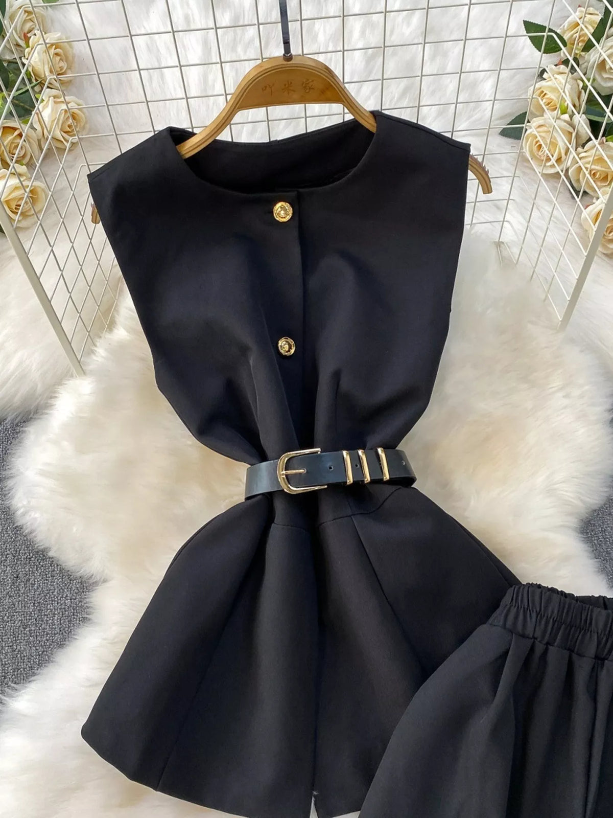 Sleeveless Belted Top and Wide Leg Pants Set, view 21