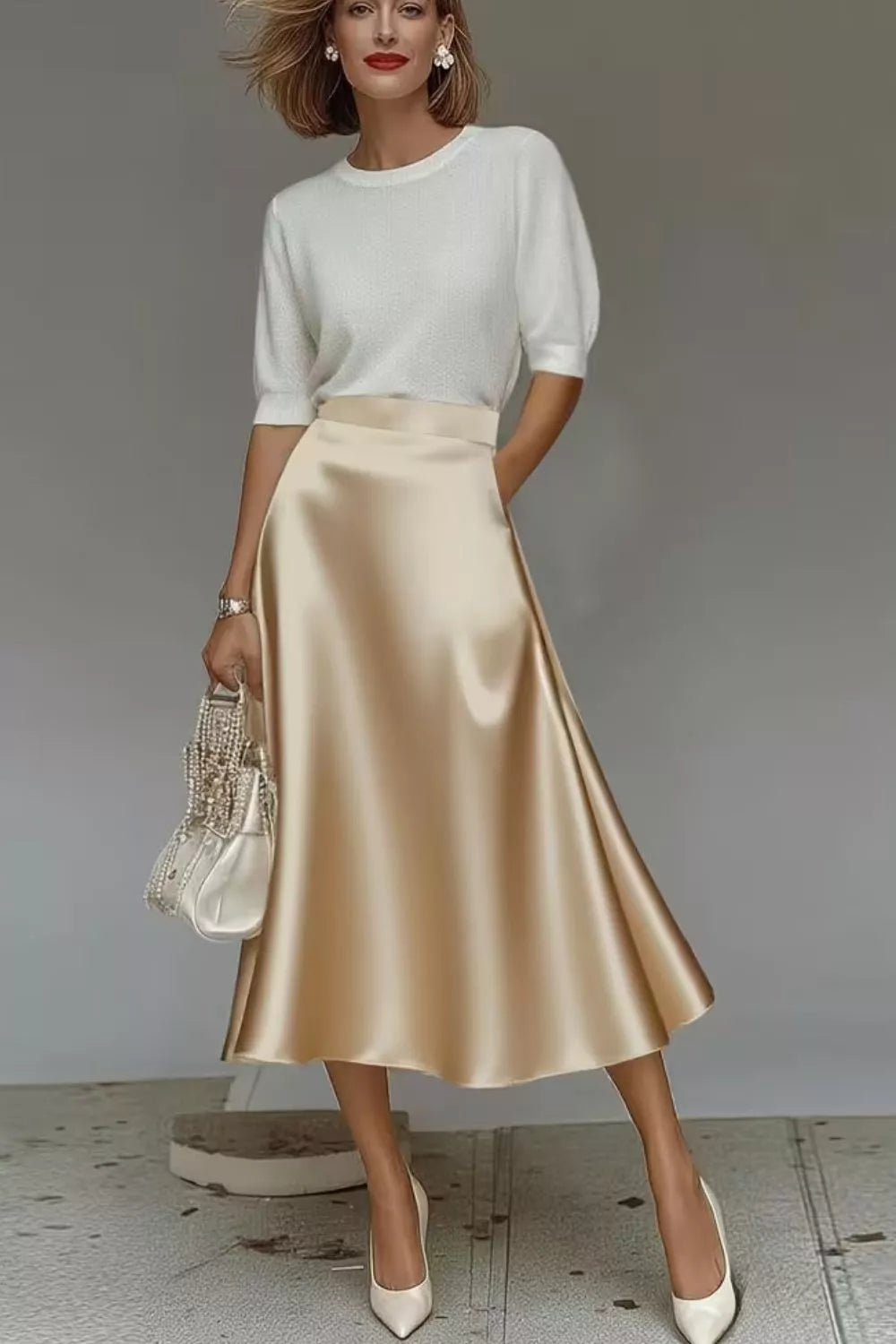 Satin A line midi skirt back view