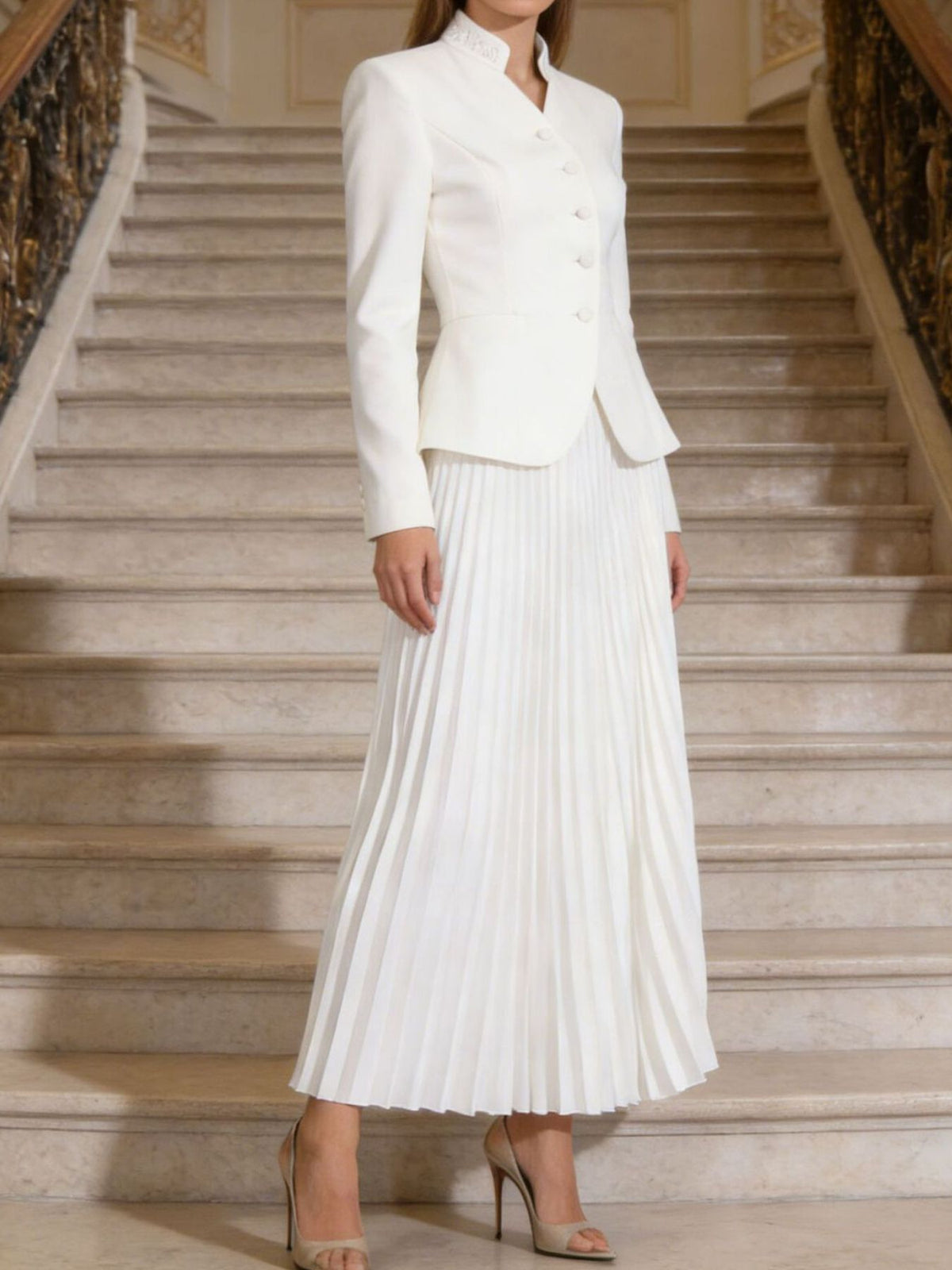 Button up top and pleated skirt two piece set front view