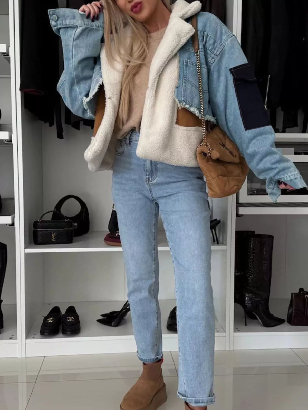 Raw Hem Sherpa Lined Denim Jacket in Light Blue styled look