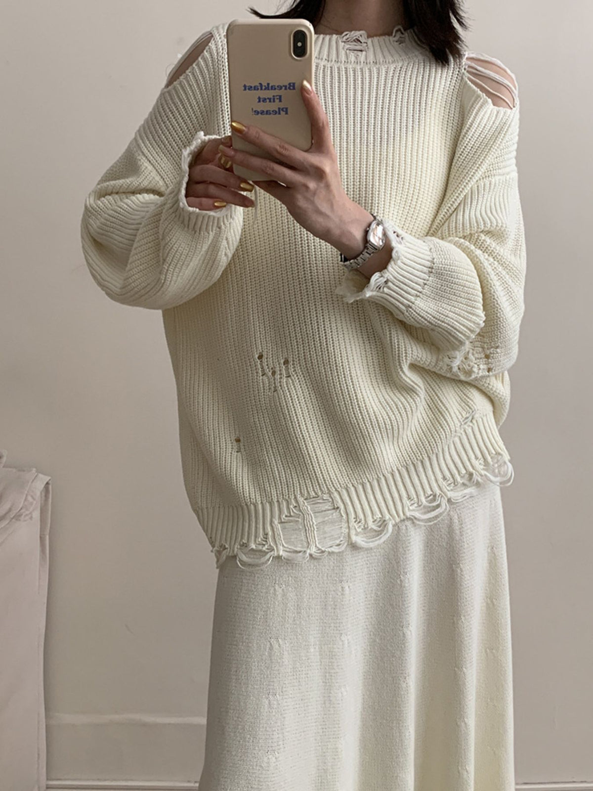 Long sleeve distressed sweater styling view