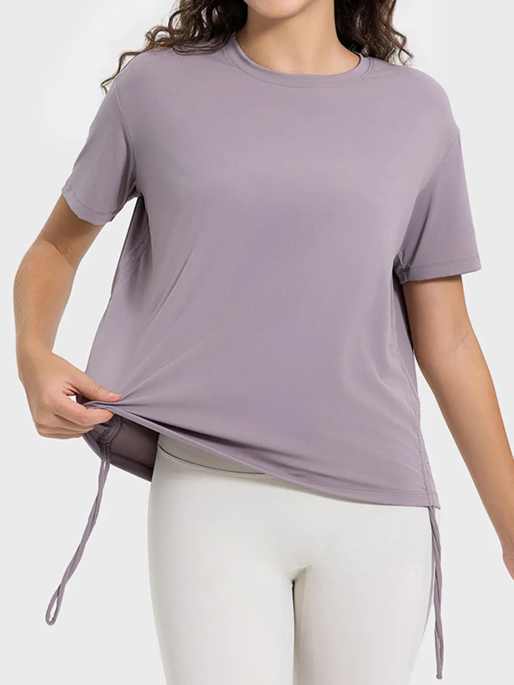 drawstring round neck active tee close up detail