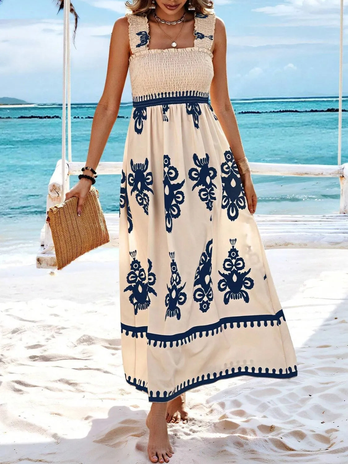Smocked Printed Wide Strap Maxi Dress, view 15