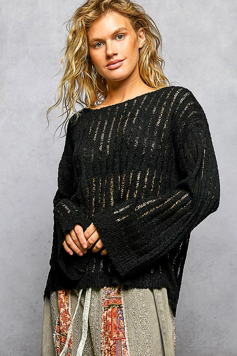 Long sleeve open knit sweater detail