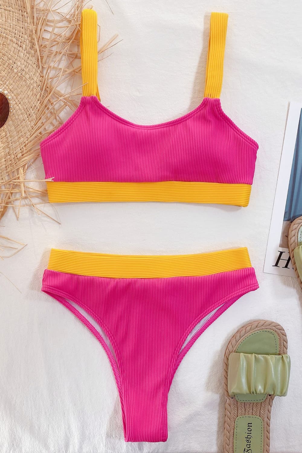 Color Block Scoop Neck Bikini Set Hot Pink - Fashorio