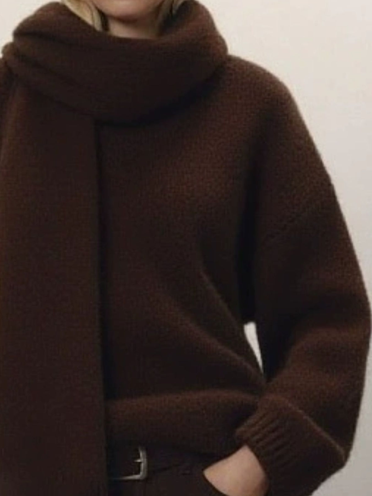 Oversized V Neck Dropped Shoulder Sweater with Scarf, view 18