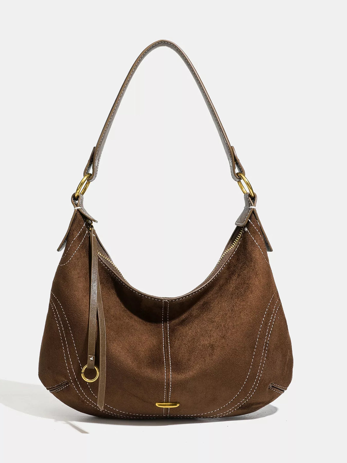 Coffee suede hobo bag front view