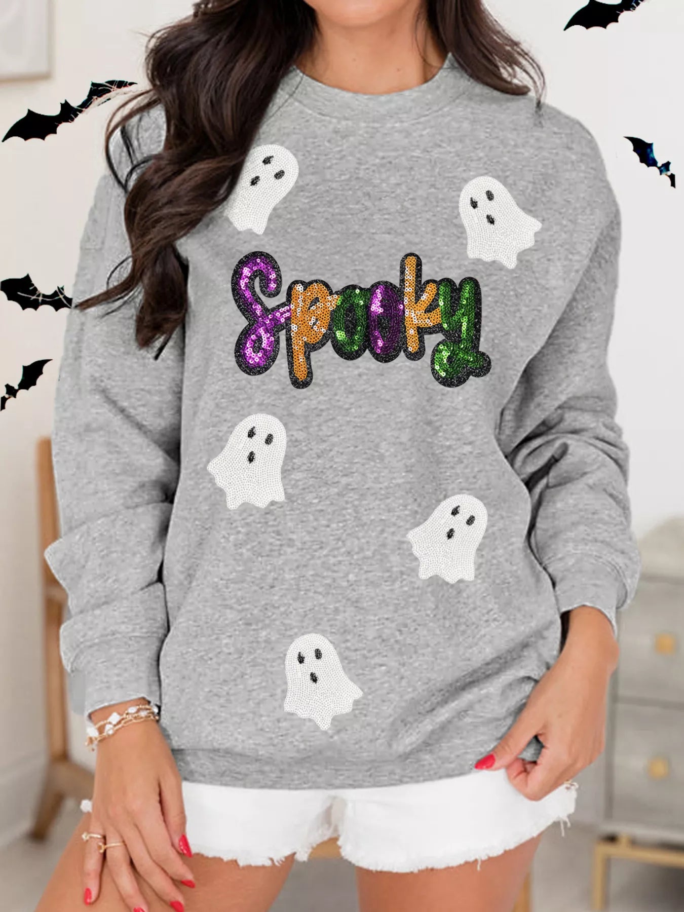 Halloween Spooky Ghost Sequin Sweatshirt Gray - Fashorio