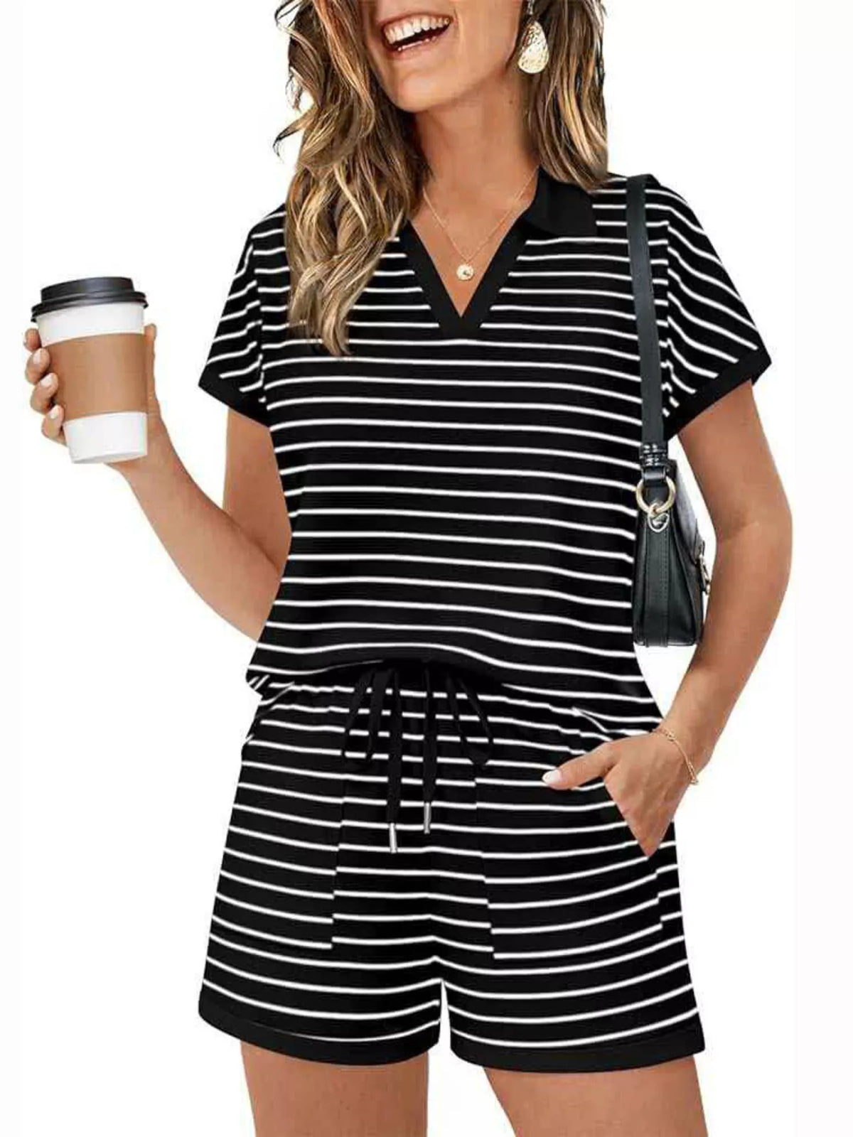 Striped Short Sleeve Polo and Shorts Set, view 7