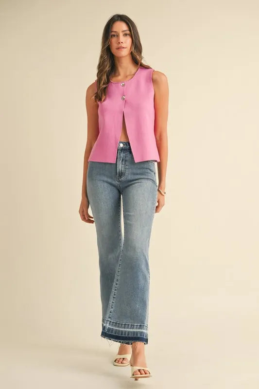 Metal Button Cropped Sweater Vest in Bubblegum Pink