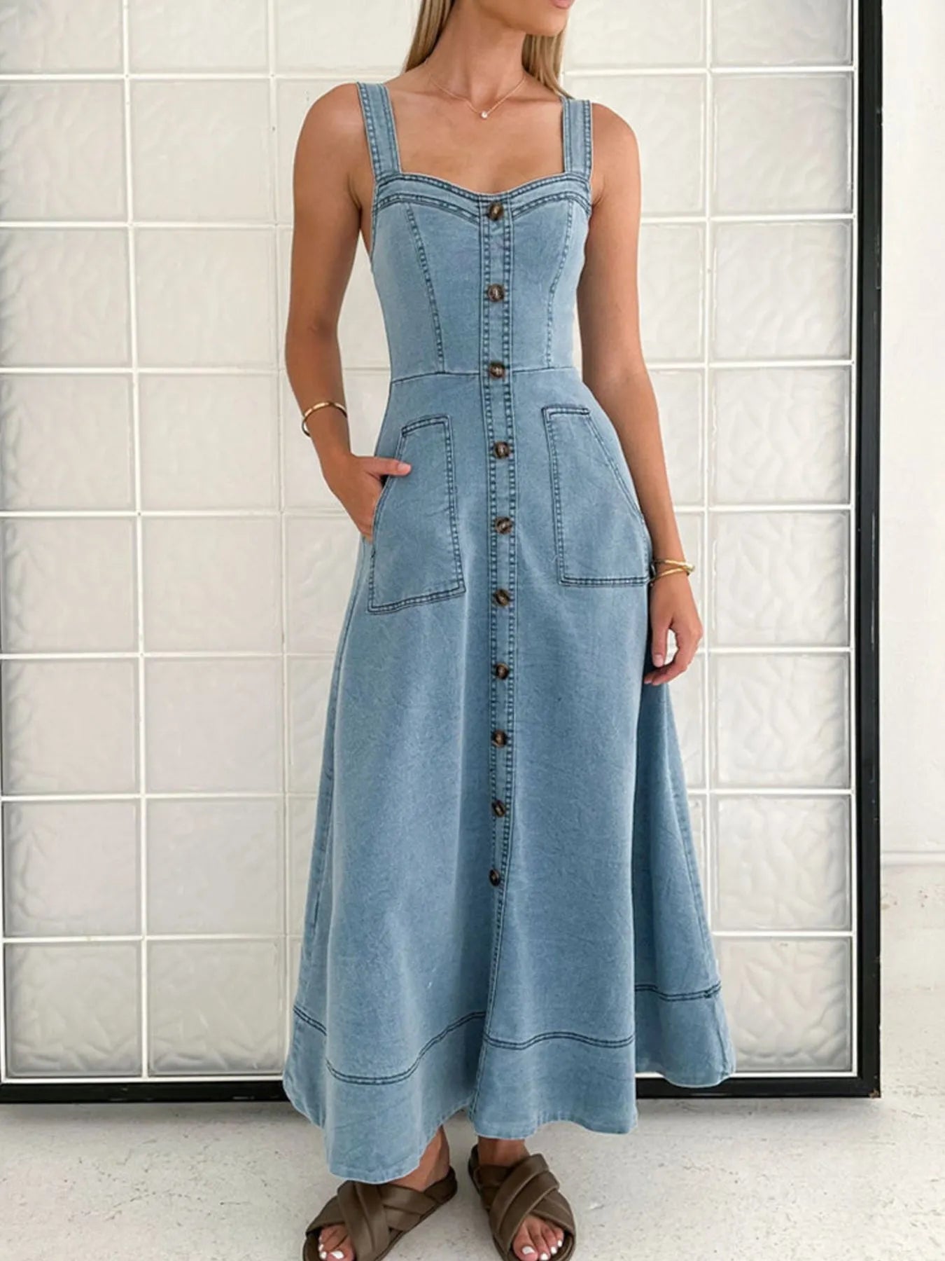 Wide Strap Sweetheart Neck Denim Dress - Fashorio