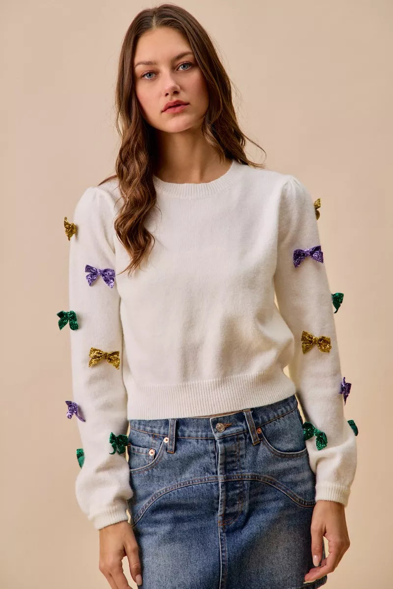 Glitter Bow Ribbon Sweater Knit Top in Ivory