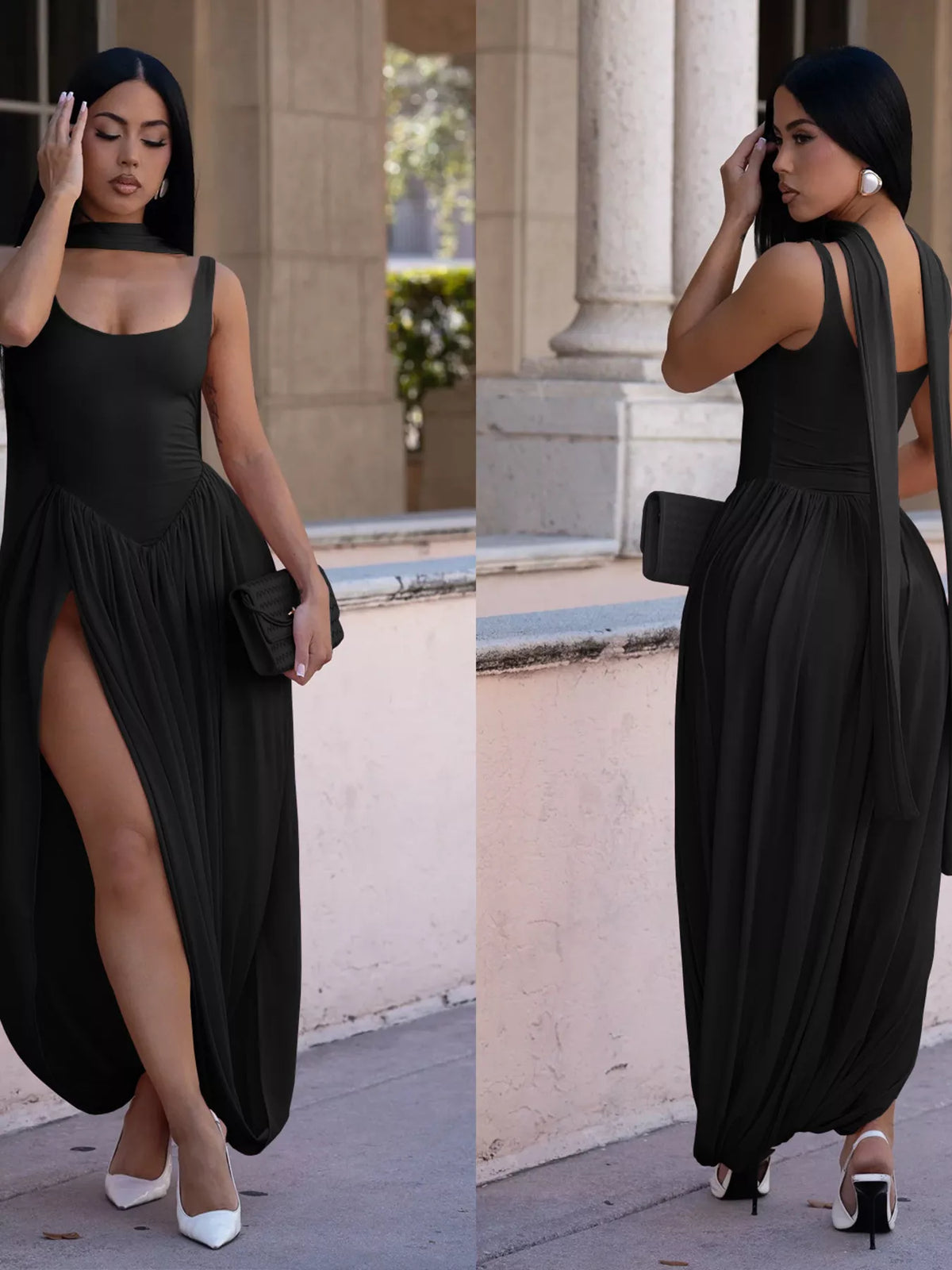 scoop neck slit maxi dress hemline detail