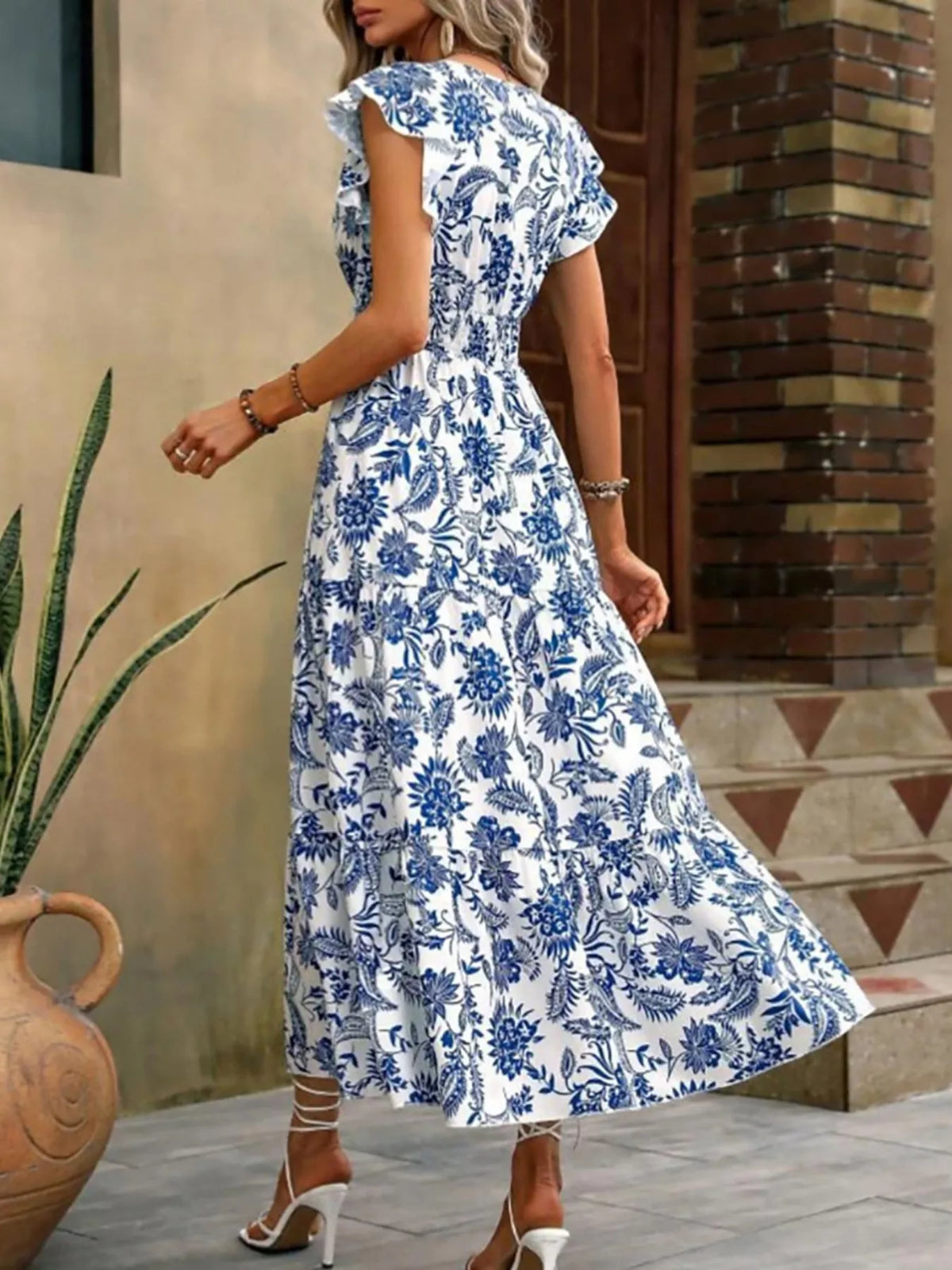 Floral print ruffle sleeve tiered midi dress full length view
