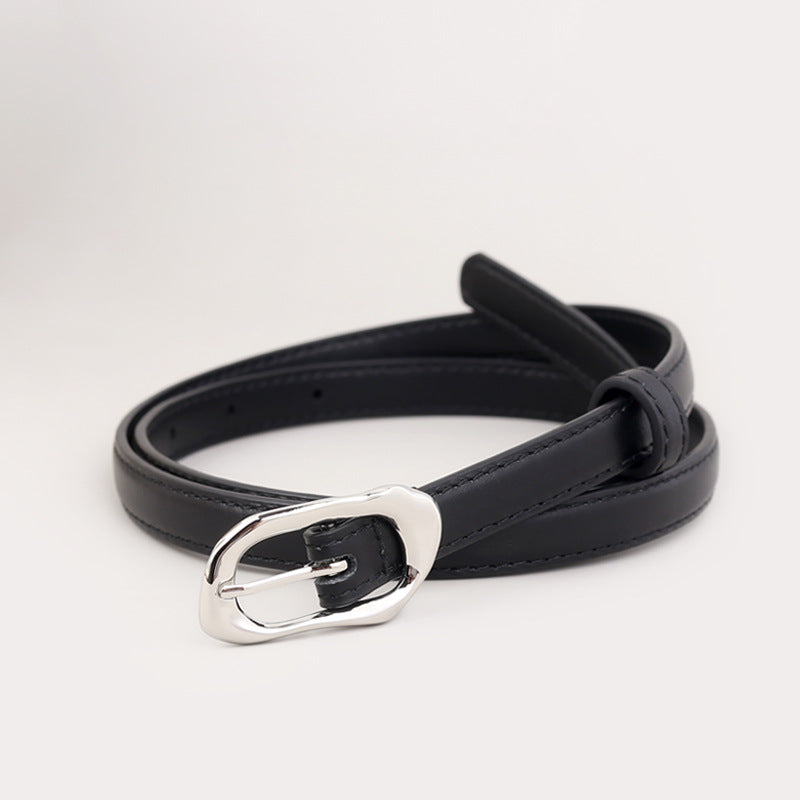 Silver buckle skinny belt front view