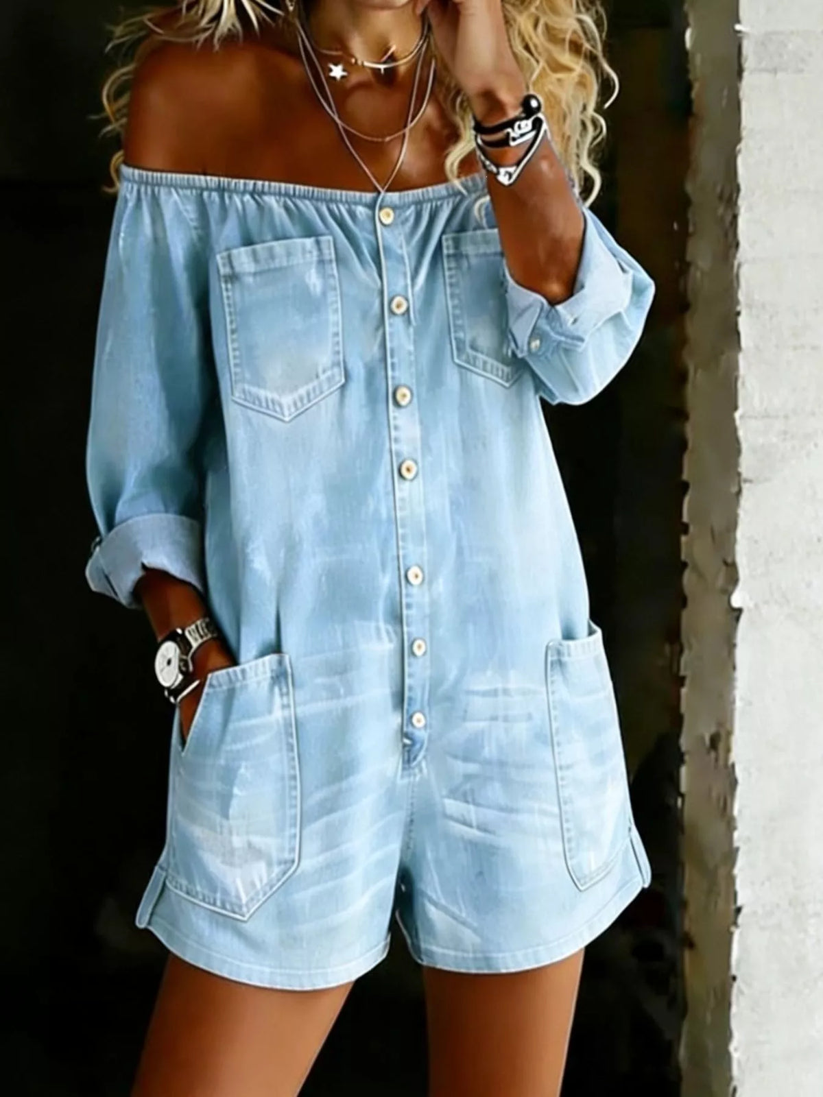 Light blue off shoulder romper side view