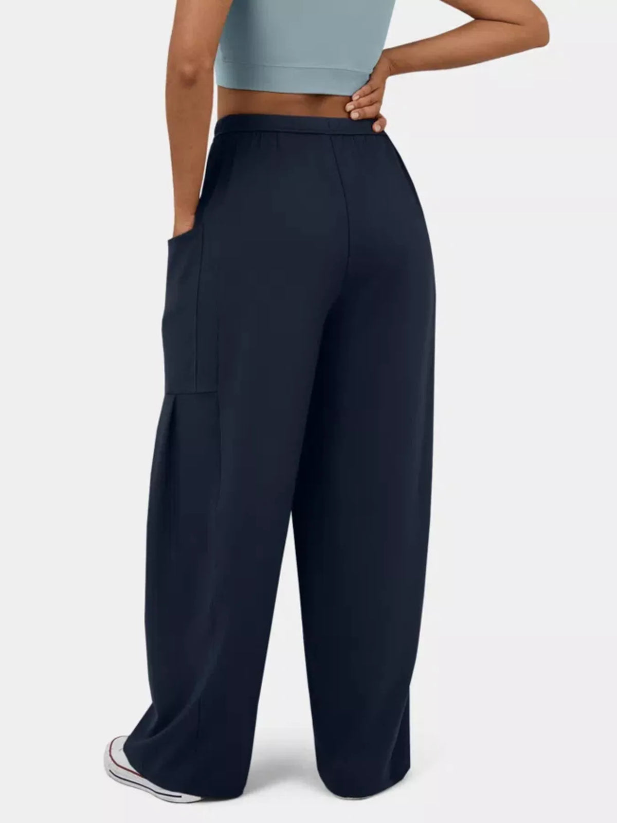 High waisted wide leg drawstring pants close up view