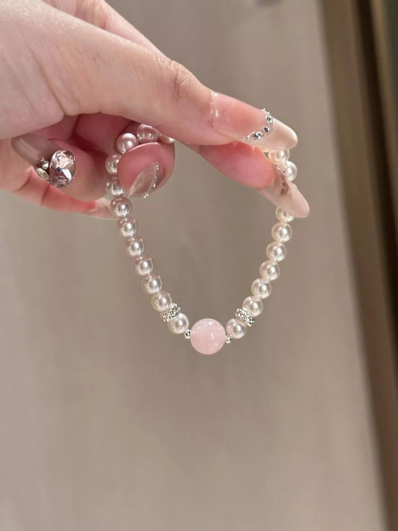 Blush pink pearl and crystal bracelet front view