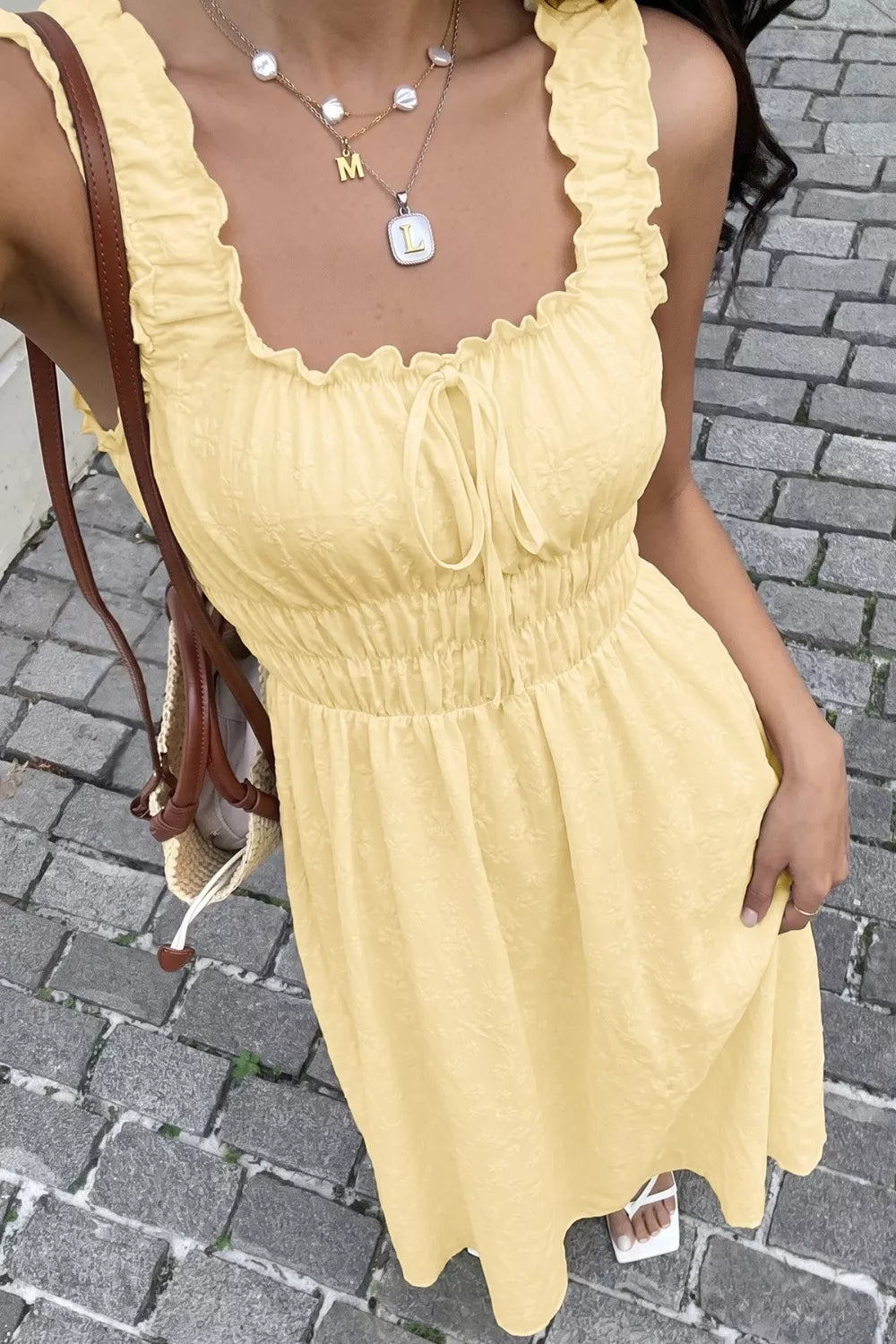 Pastel yellow square neck sleeveless maxi dress full length view
