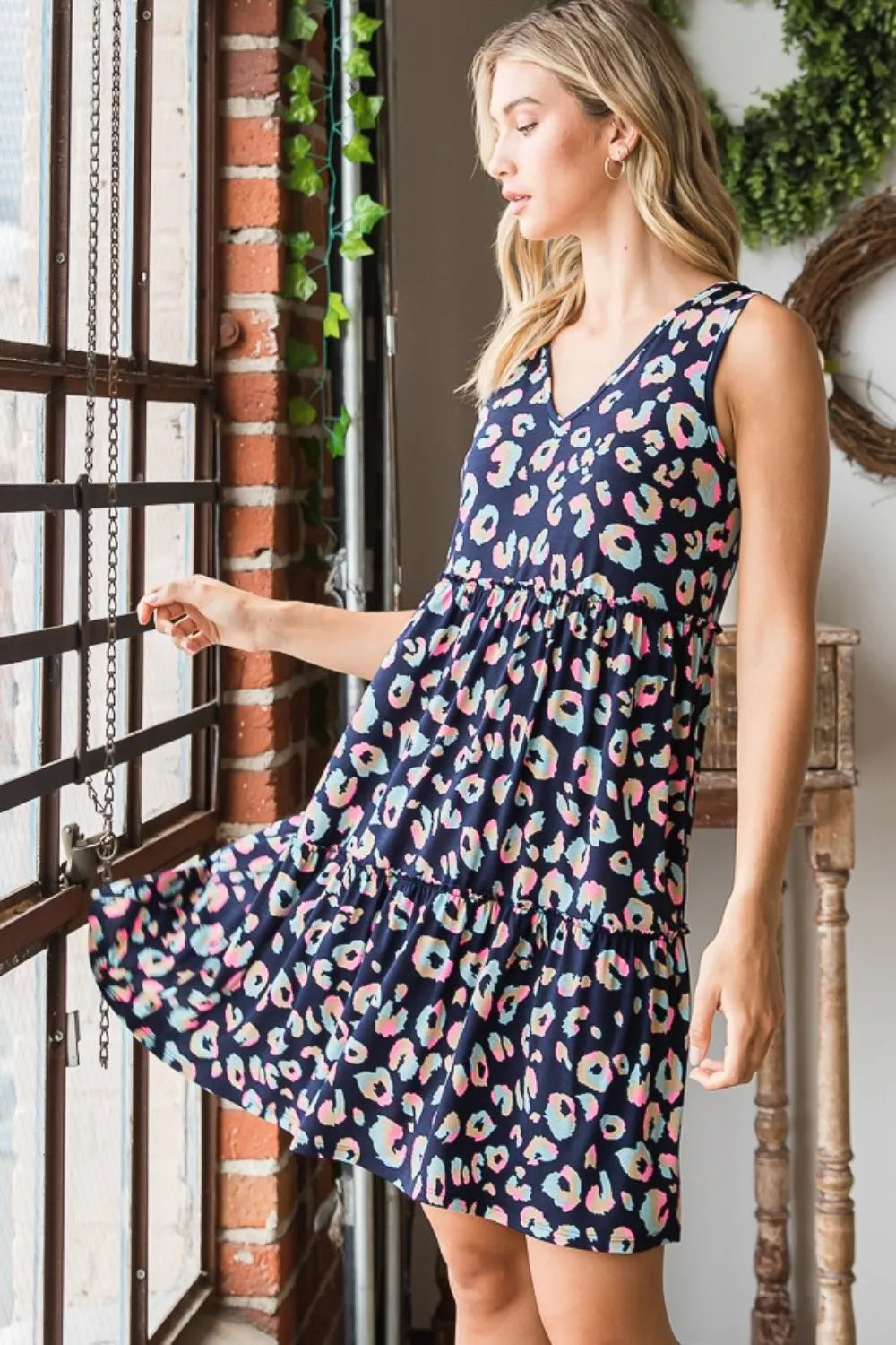 Leopard V Neck Ruffled Tank Dress detail
