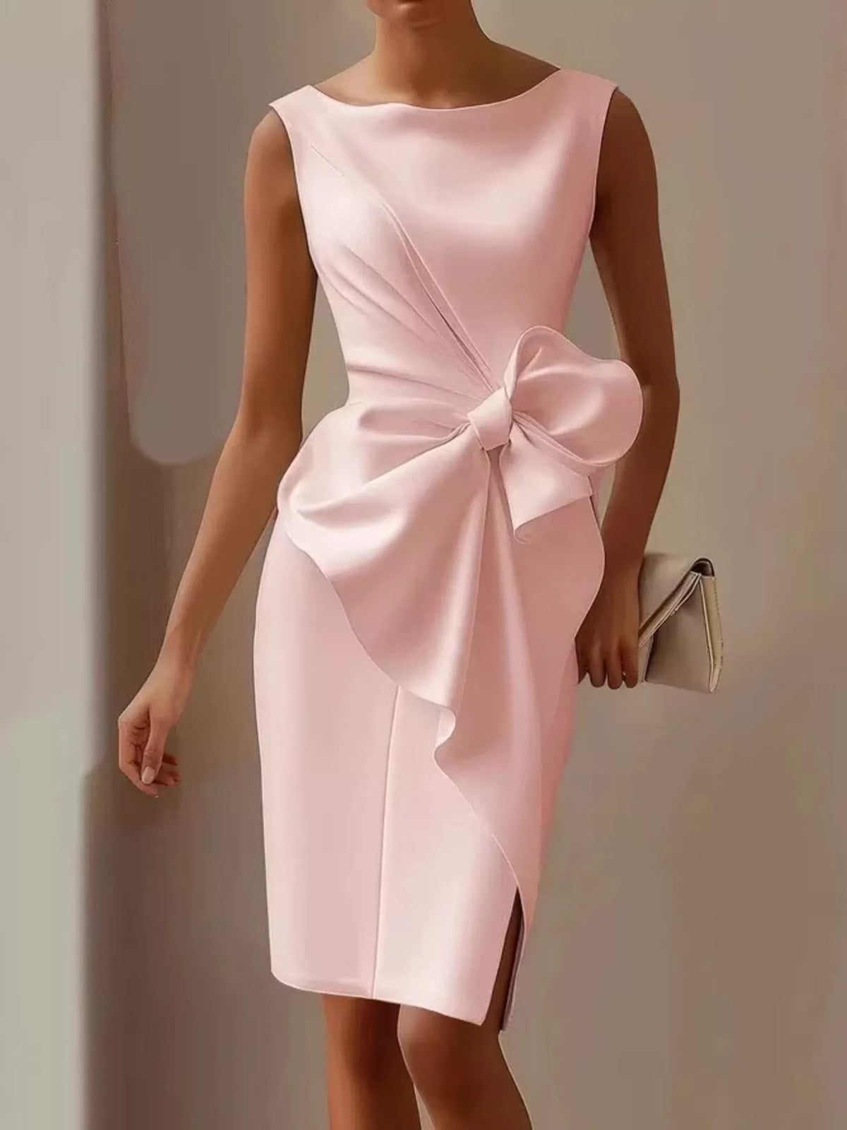 Pink bow detail sleeveless dress front view