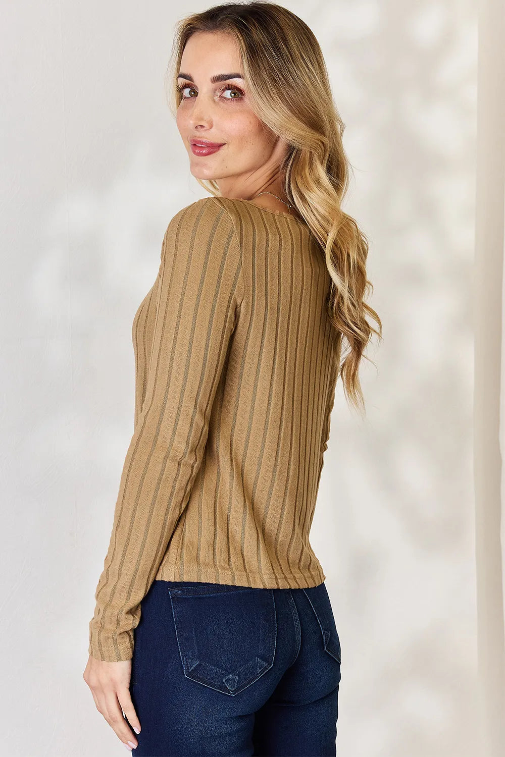 Ribbed long sleeve tee styled on model