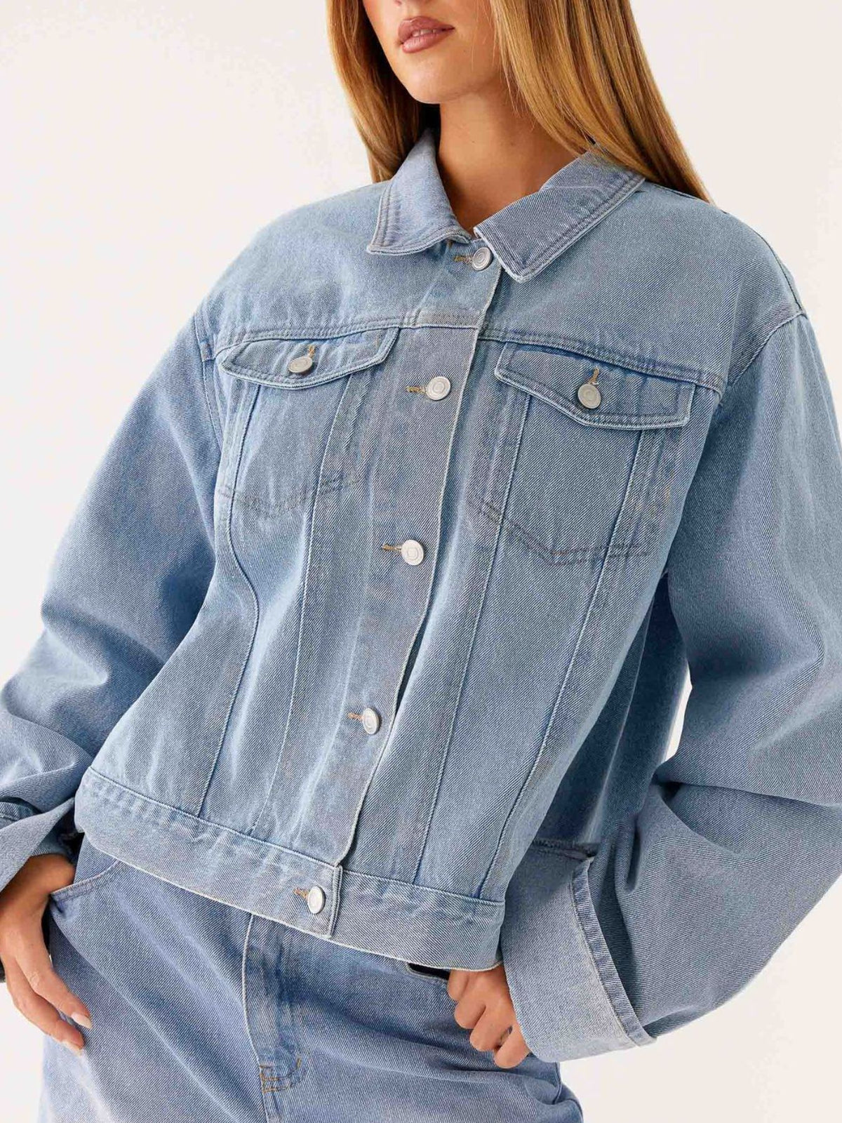 Cropped Oversized Denim Jacket in Dark Blue close up