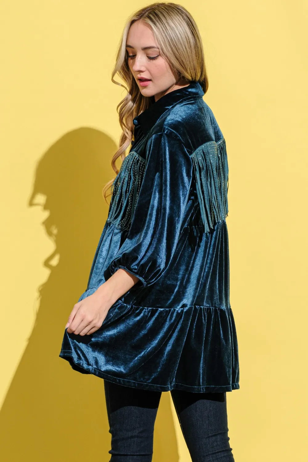 Fringe Detailed Velvet Shirt Dress back view