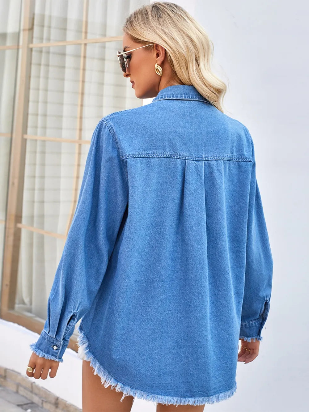 Raw Hem Denim Jacket with Sequin Pockets in Black on model
