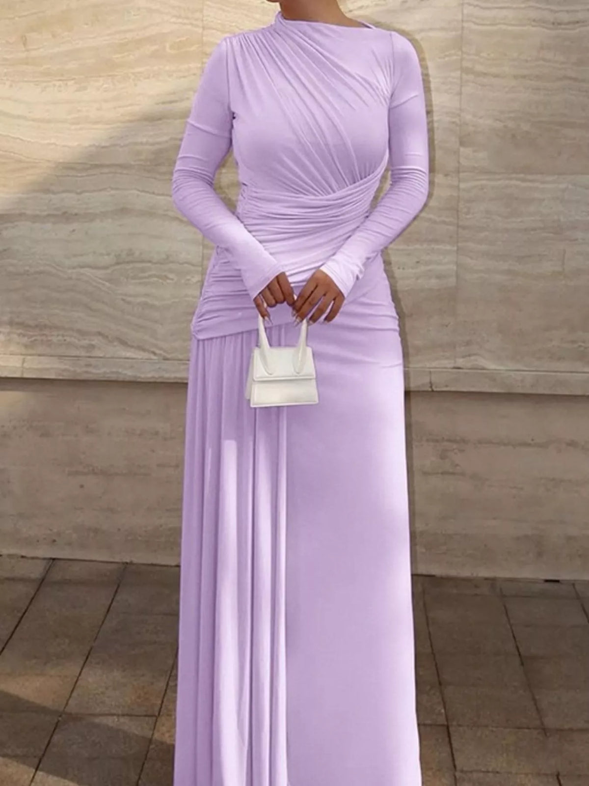 Ruched long sleeve maxi dress three quarter view