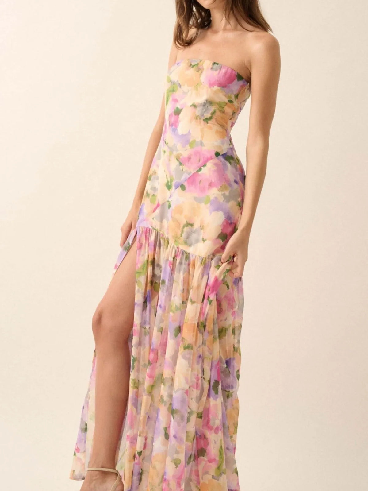 Strapless floral ruched maxi dress with side slit detail view