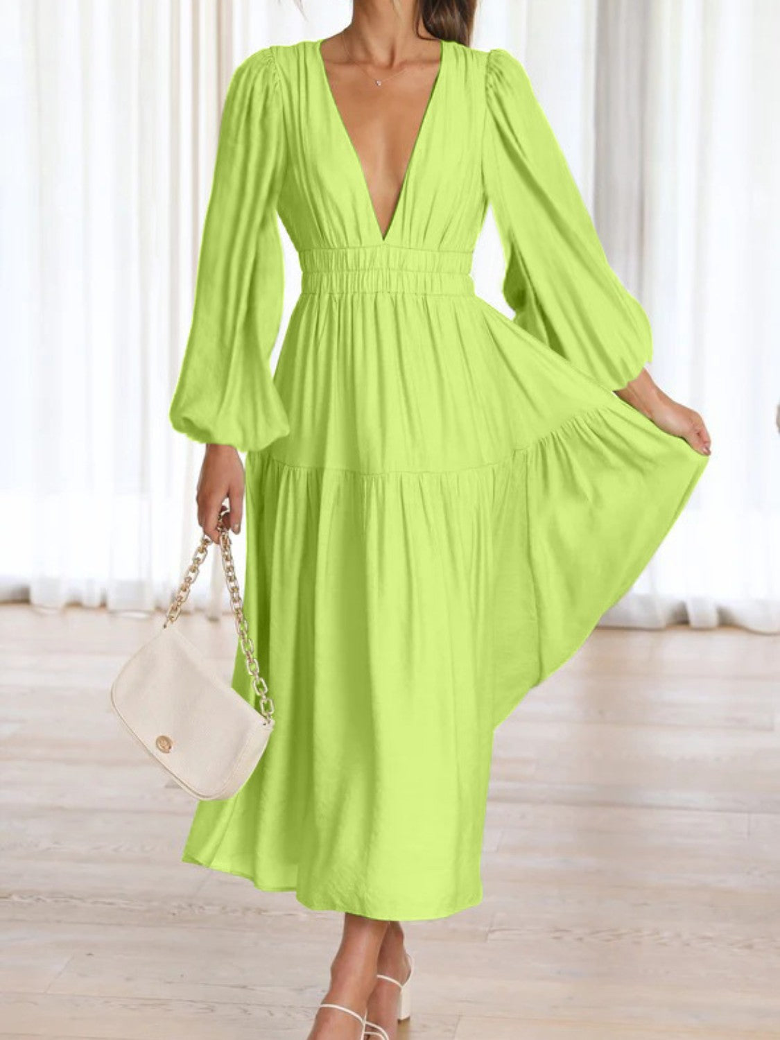 Deep V-Neck Balloon Sleeve Plain Maxi Dress - Fashorio