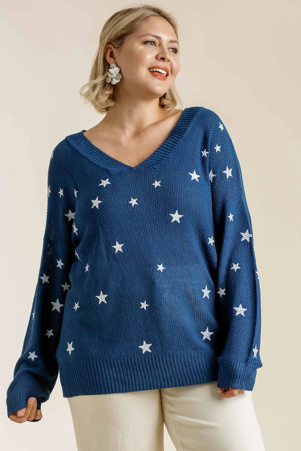 Star Print V Neck Long Sleeve Sweater Plus Size in Navy detail