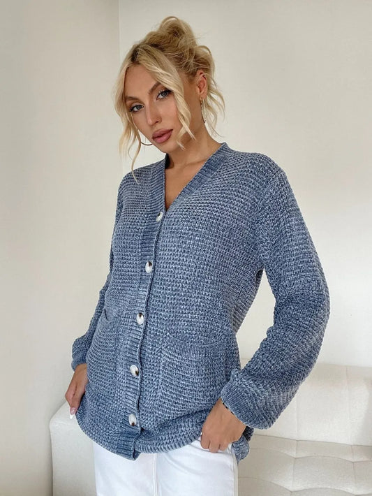 Pocketed V-Neck Button Up Cardigan Dusty Blue One Size - Fashorio