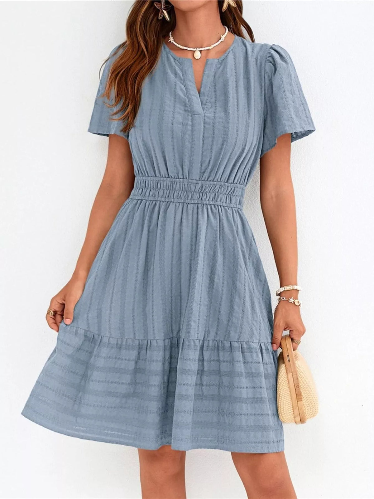 Short sleeve smocked waist tiered midi dress front view