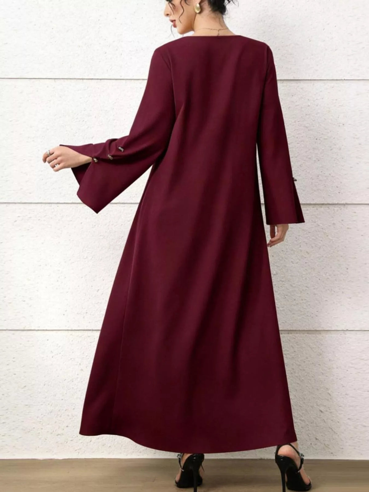 burgundy square neck maxi dress styled look