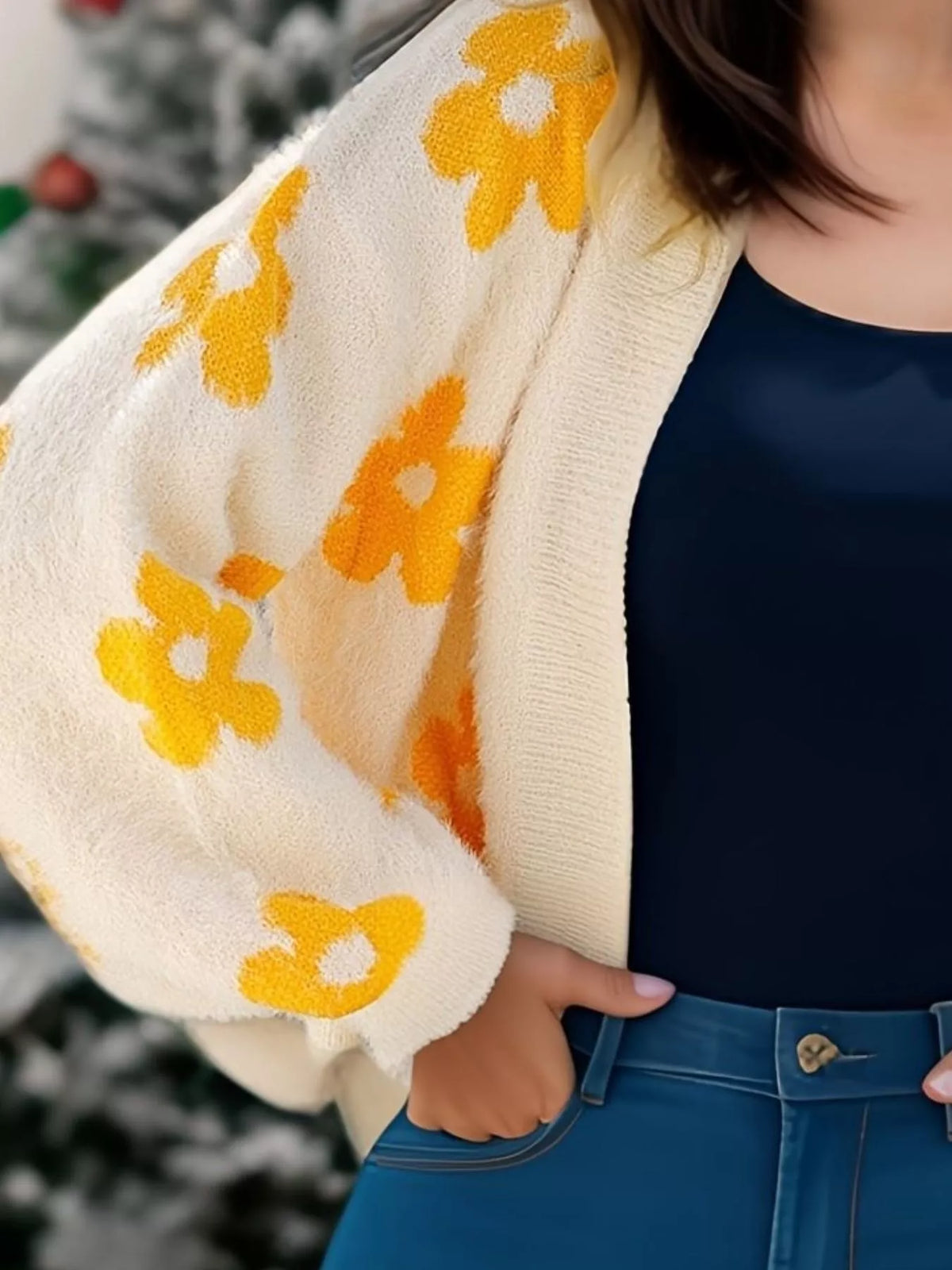 Floral open front knit cardigan sleeve view