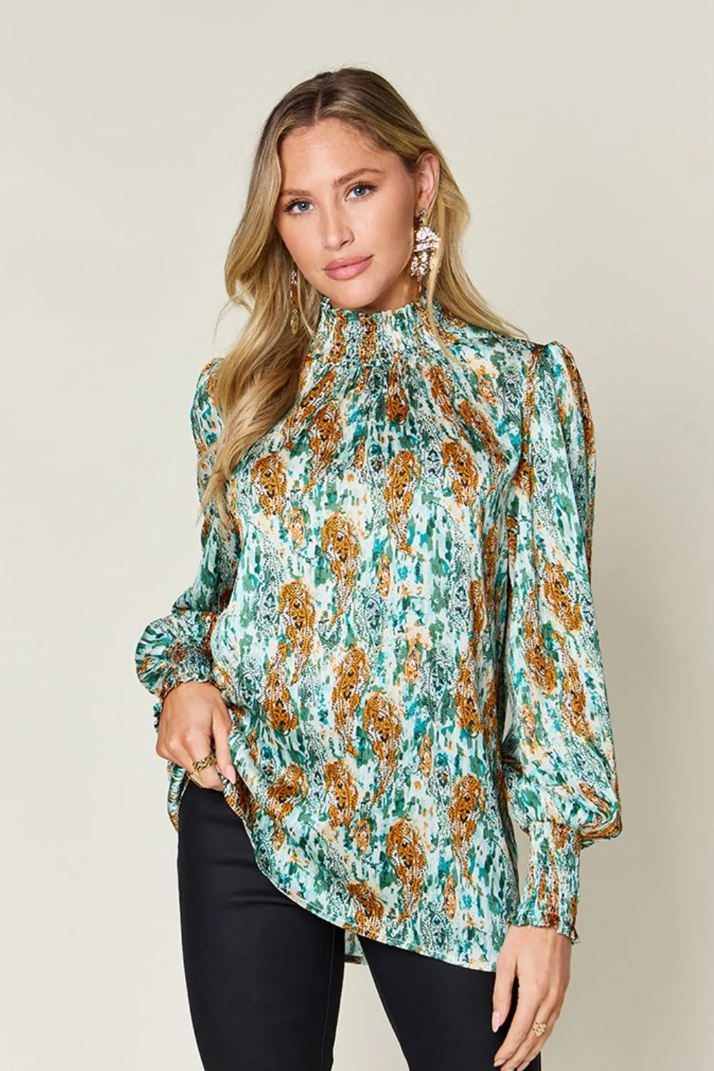 Double Take Printed Frill Smocked Long Sleeve Blouse, view 27