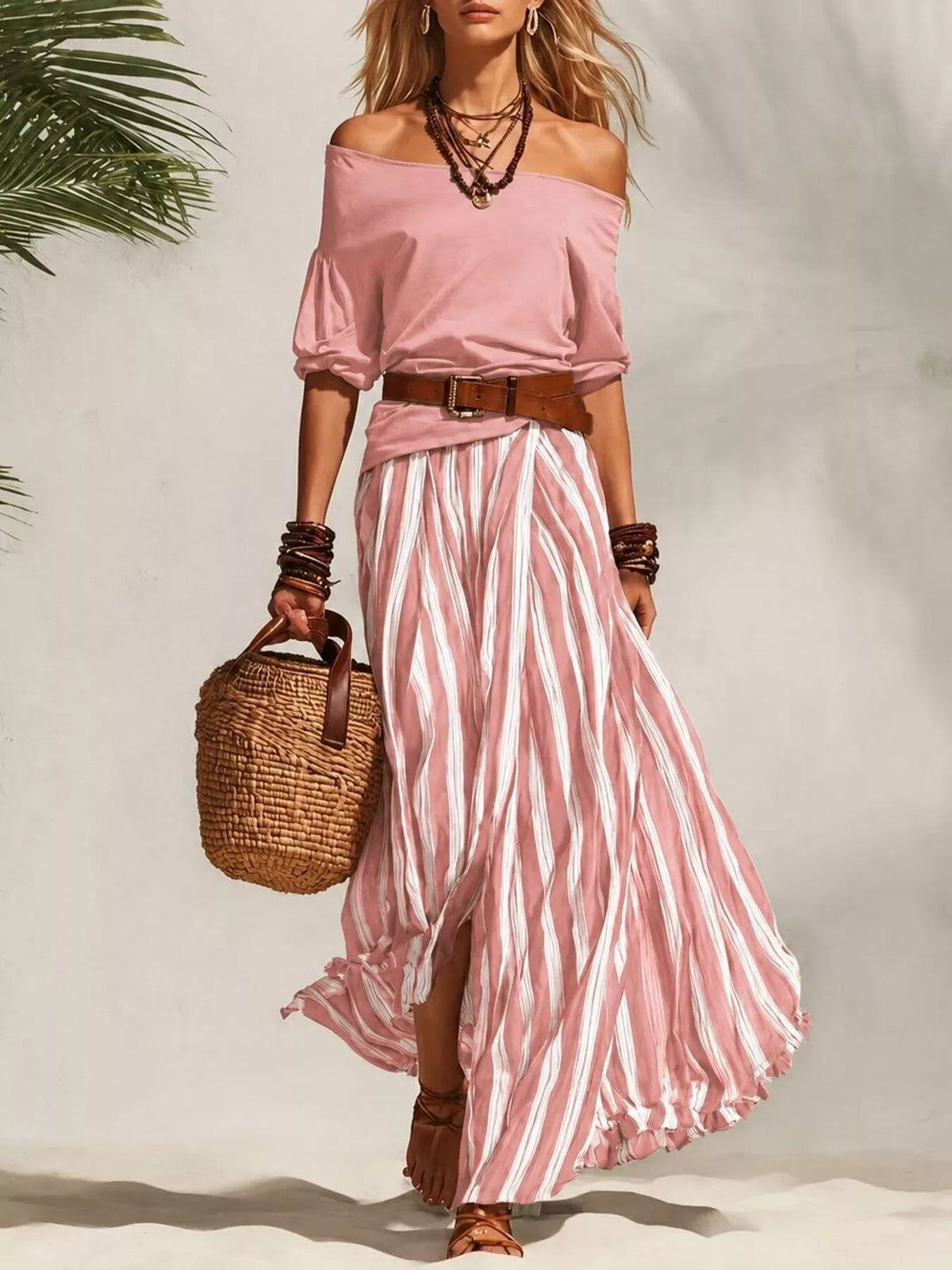 Off Shoulder Top and Striped Maxi Skirt Set, view 9