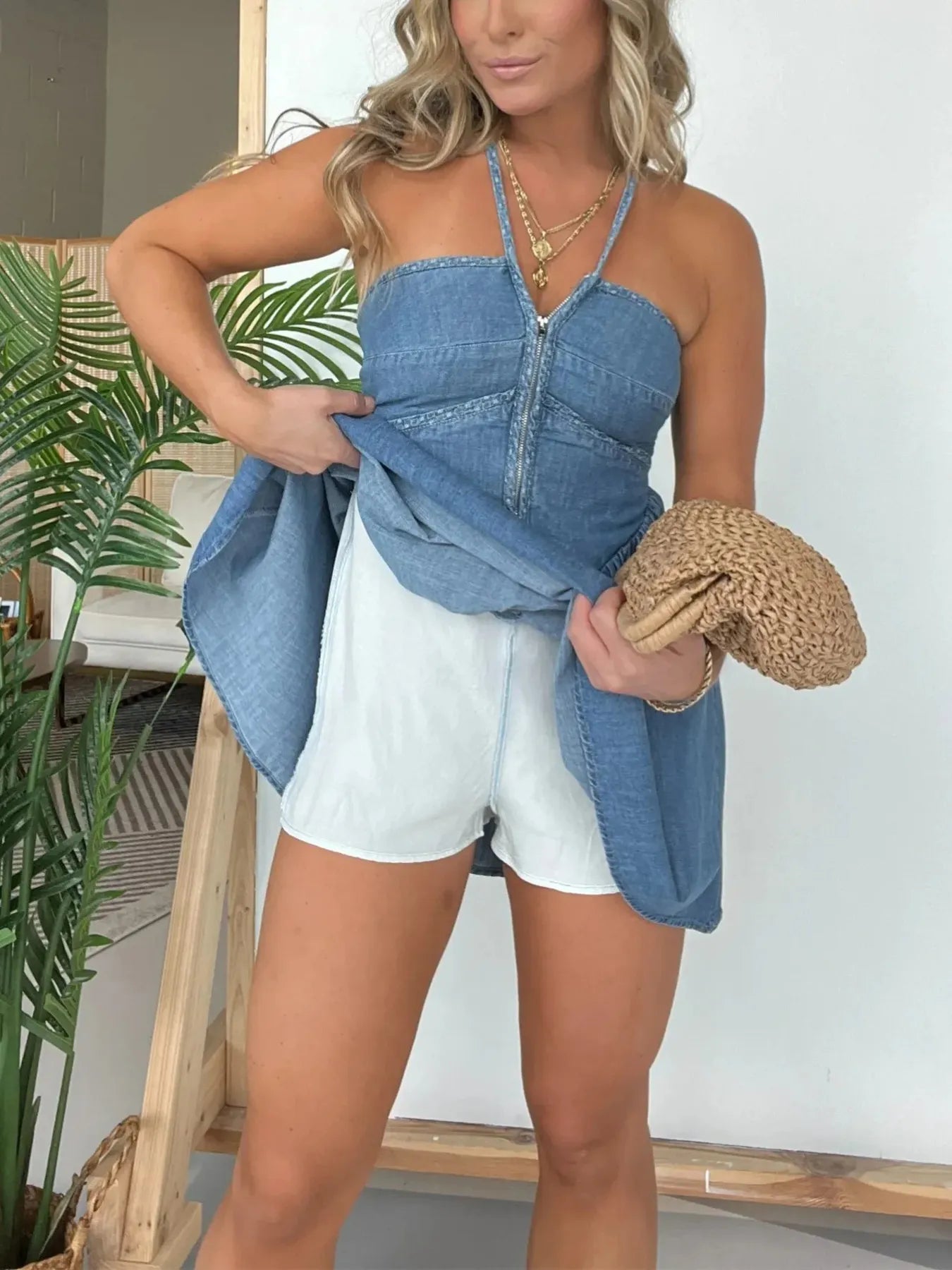 Full Size Lace Up Halter Neck Denim Dress Plus Size - Fashorio