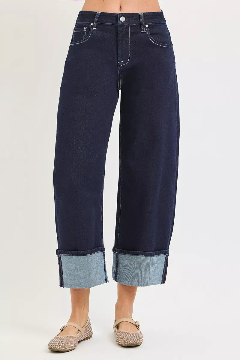 Close up of cuffed hem on RISEN slouchy barrel jeans