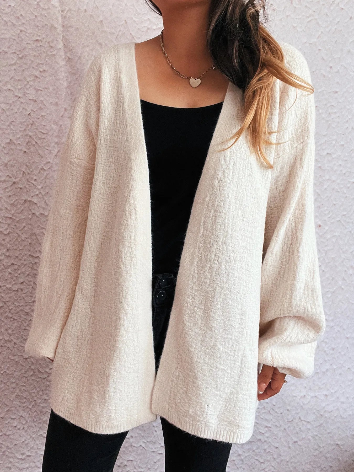 Open Front Long Sleeve Cardigan Apricot One Size - Fashorio