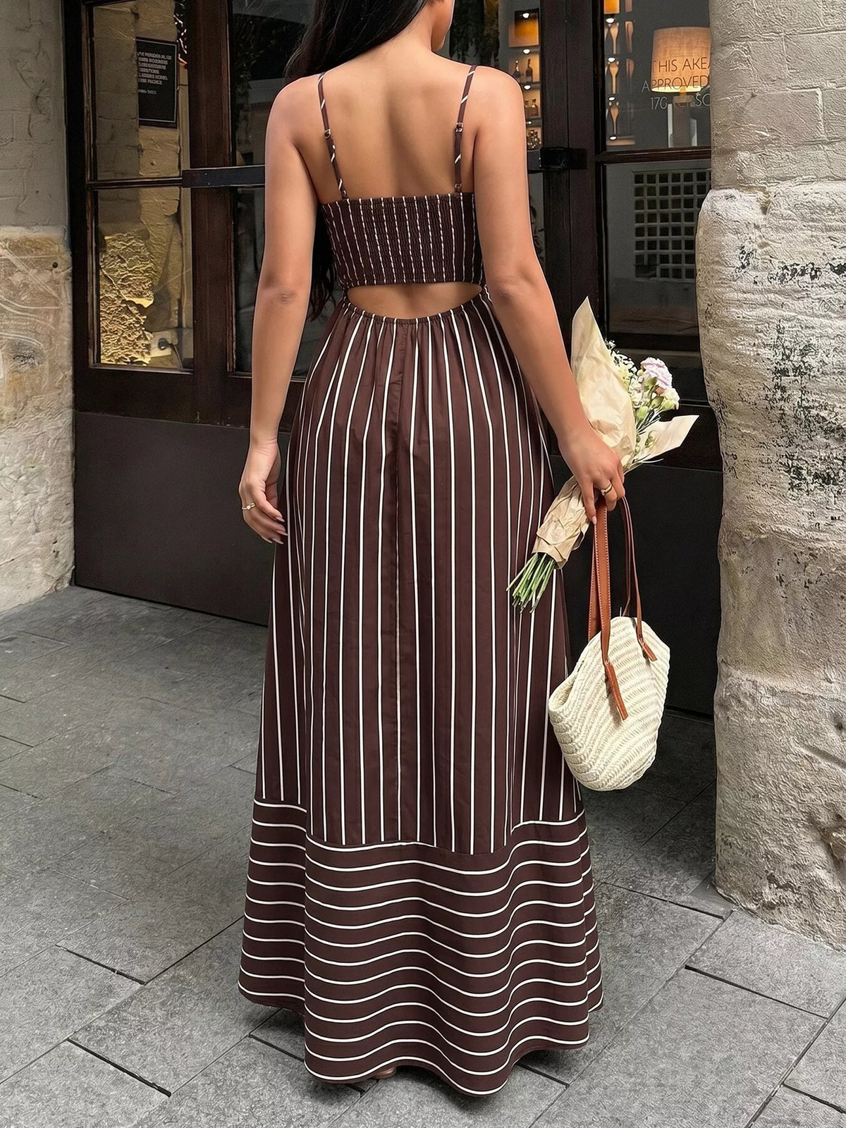 Striped maxi dress strap and shoulder detail