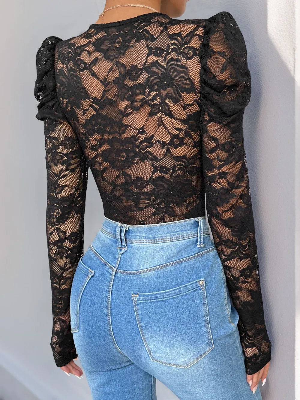Perfee Lace V-Neck Long Sleeve Bodysuit - Fashorio