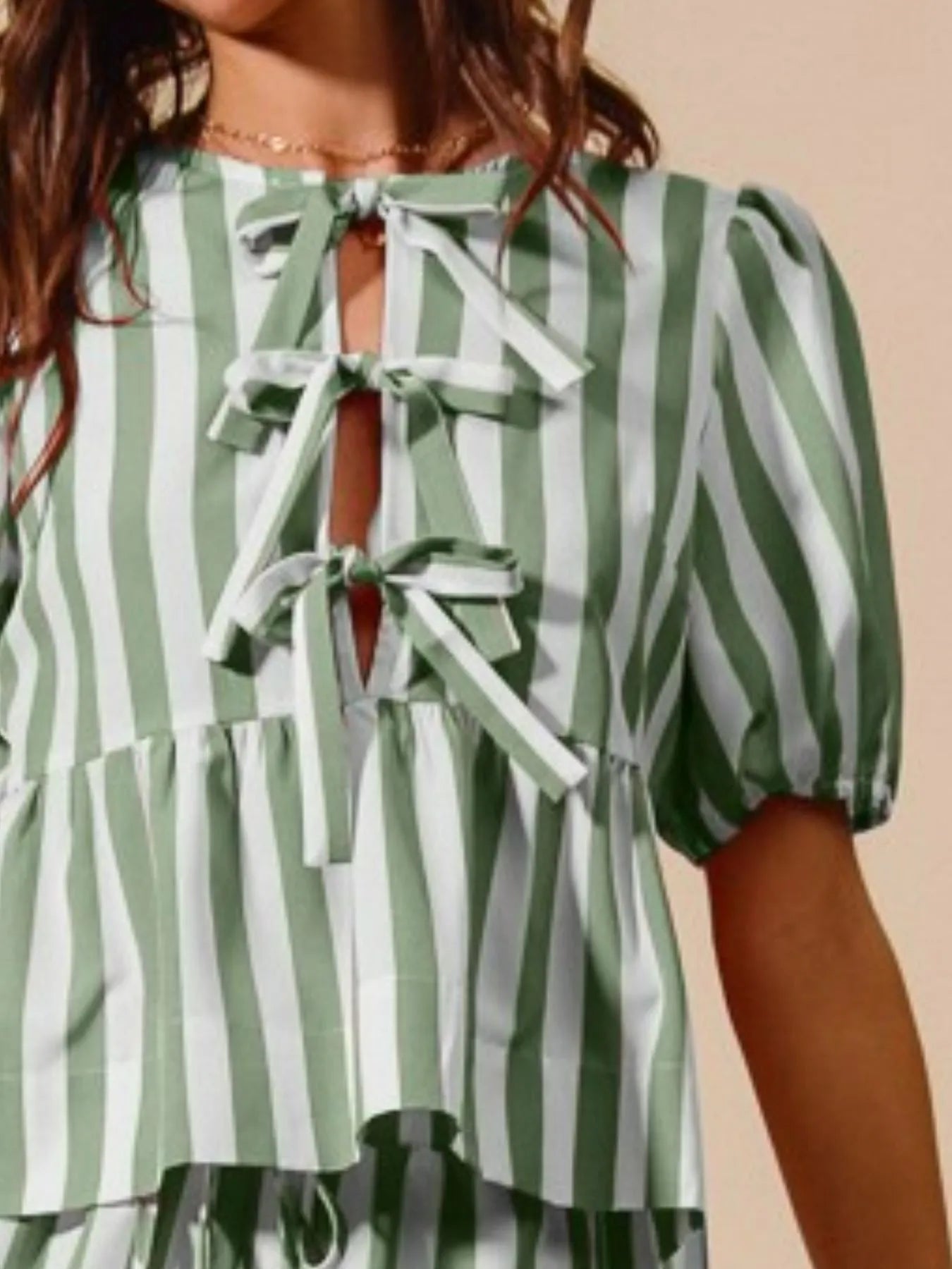 SO ME Front Tie Stripe Puff Sleeves Top and Wide Leg Pants Set - Fashorio