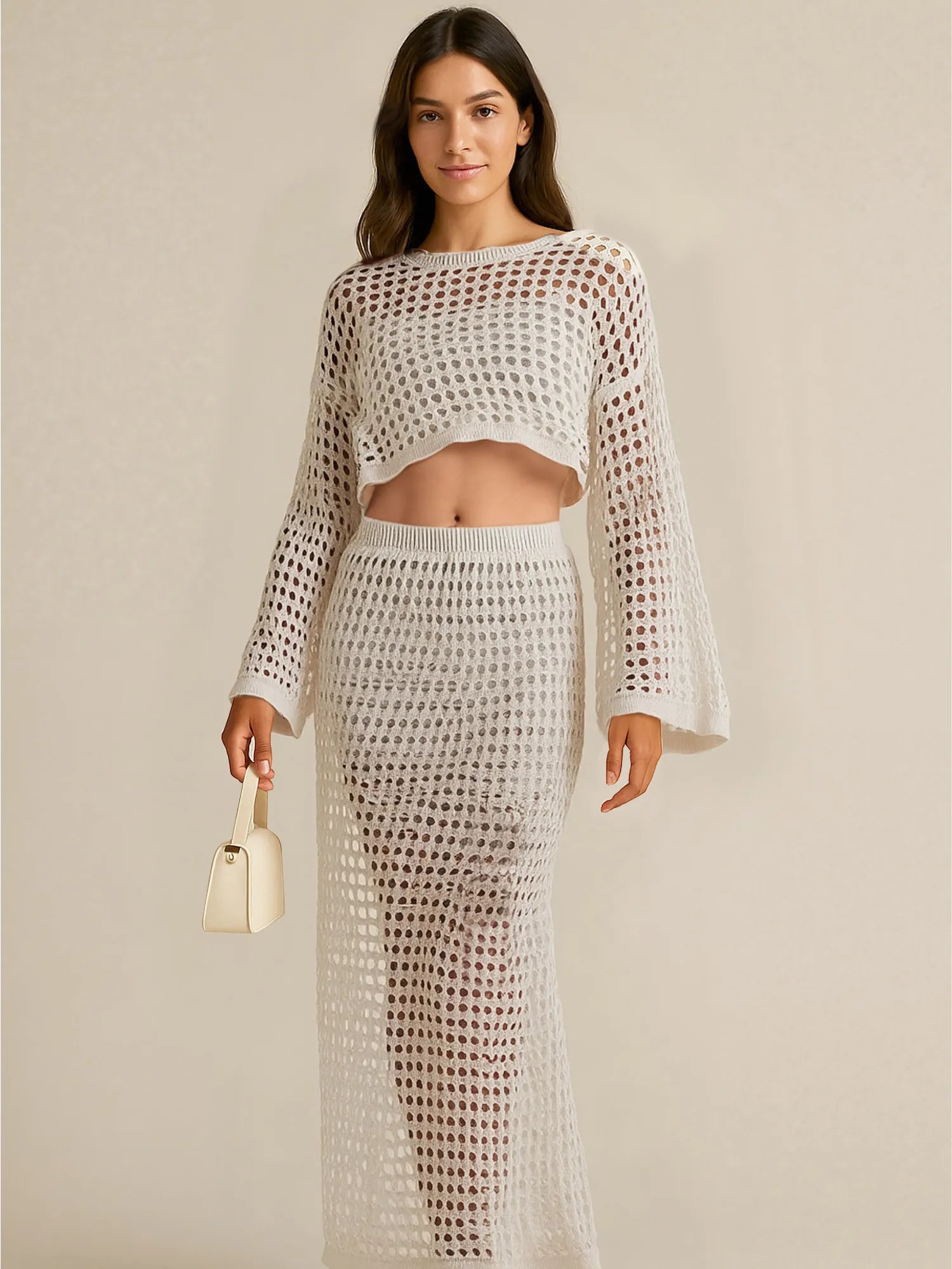 Hollow Out Long Sleeve Top and Skirt Knit Set Apricot - Fashorio