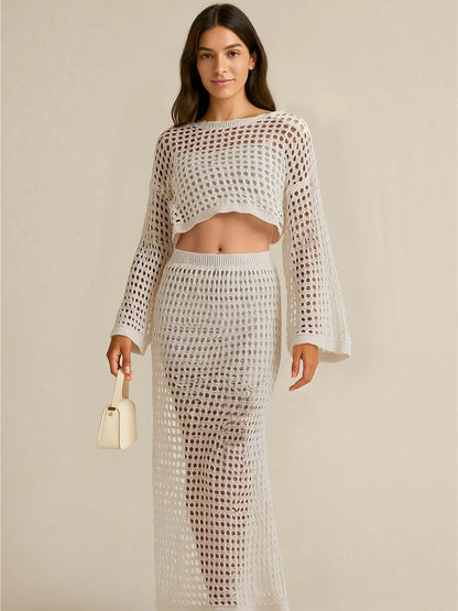 Hollow Out Long Sleeve Top and Skirt Knit Set Apricot - Fashorio