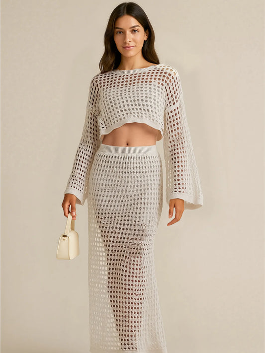 Hollow Out Long Sleeve Top and Skirt Knit Set Apricot - Fashorio